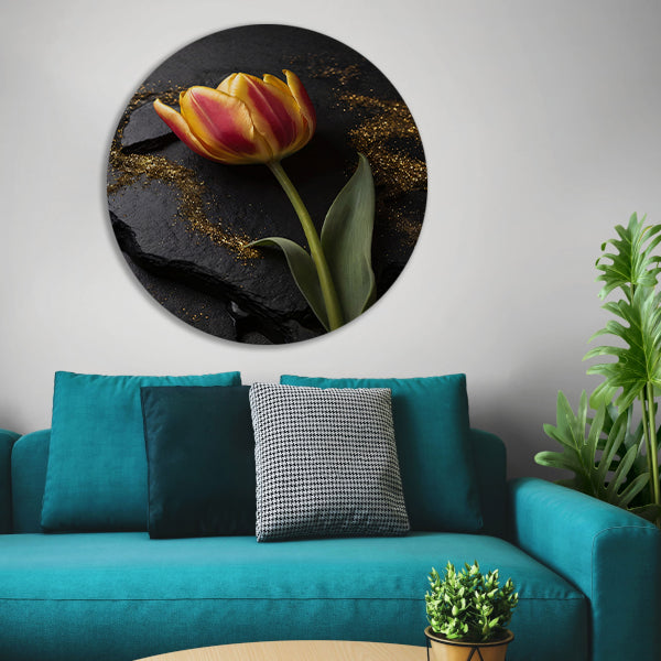 Rode en Gele Tulp met Gouden Glitters aluminium muurcirkel