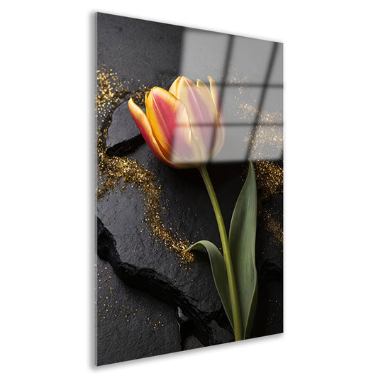 Rode en Gele Tulp met Gouden Glitters acrylglas