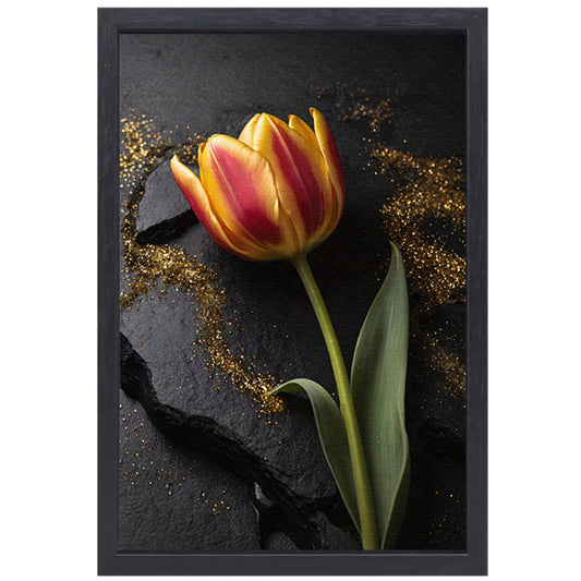 Rode en Gele Tulp met Gouden Glitters canvas met baklijst
