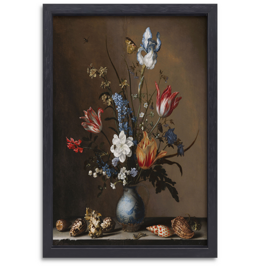Bloemen in een Wan-Li vaas met schelpen - Balthasar van der Ast canvas met baklijst