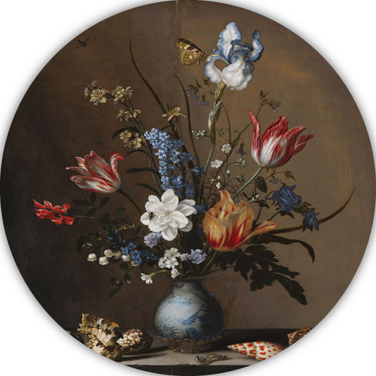 Bloemen in een Wan-Li vaas met schelpen - Balthasar van der Ast aluminium muurcirkel