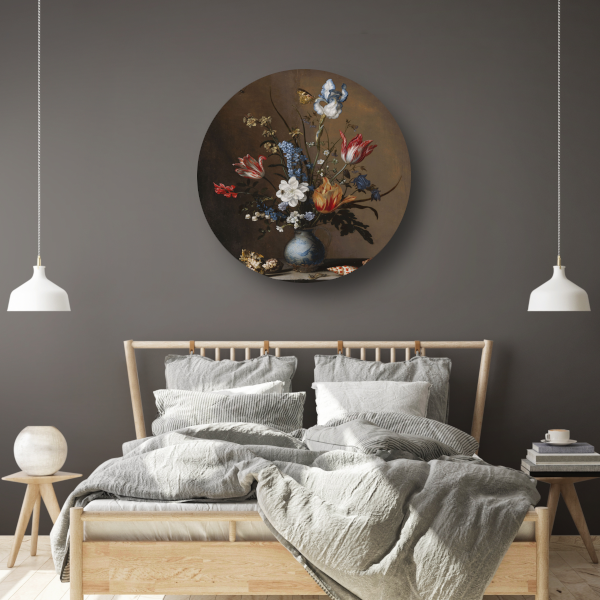 Bloemen in een Wan-Li vaas met schelpen - Balthasar van der Ast aluminium muurcirkel