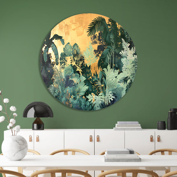 Levendige jungle in moderne kunststijl aluminium muurcirkel