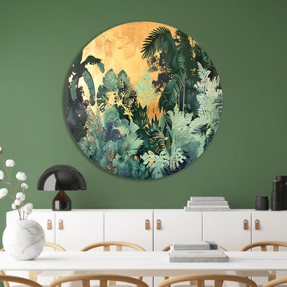 Levendige jungle in moderne kunststijl aluminium muurcirkel