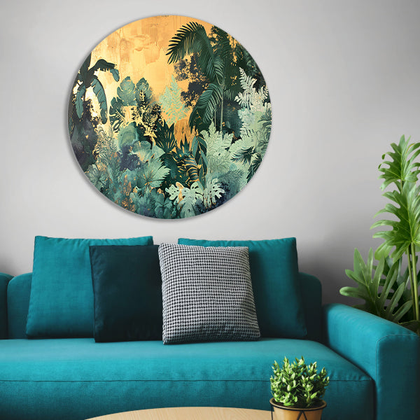 Levendige jungle in moderne kunststijl aluminium muurcirkel