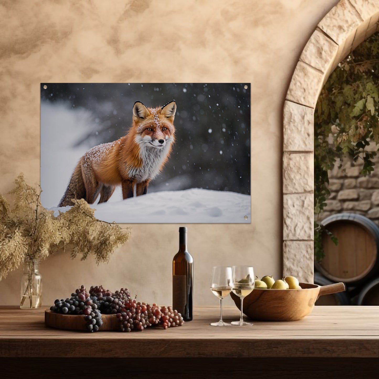 Gedetailleerde vos in besneeuwd landschap tuinposter