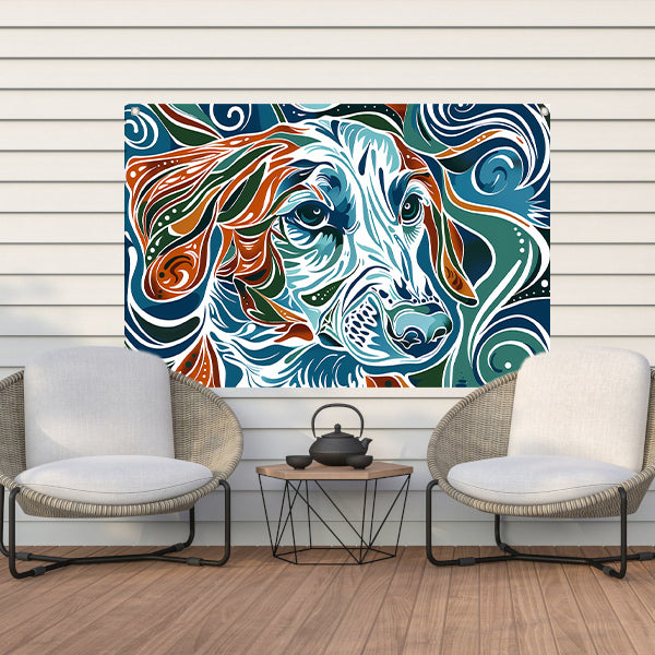 Abstracte kleurrijke lijntekening van een hond tuinposter