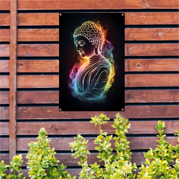 Serene Boeddha in Kleurrijk Spectraal Licht tuinposter