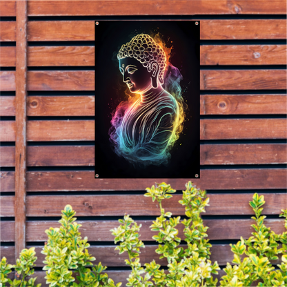 Serene Boeddha in Kleurrijk Spectraal Licht tuinposter