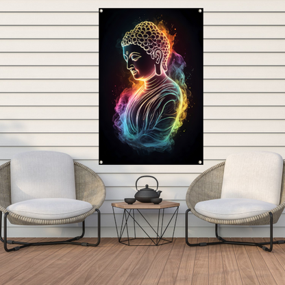 Serene Boeddha in Kleurrijk Spectraal Licht tuinposter