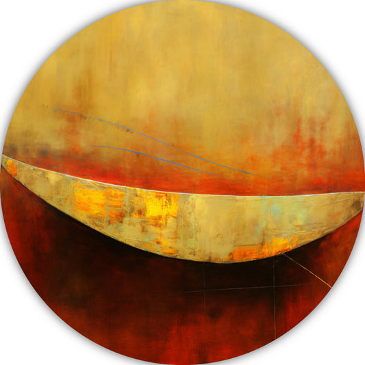 Abstracte compositie van kleurrijke boot op rood aluminium muurcirkel