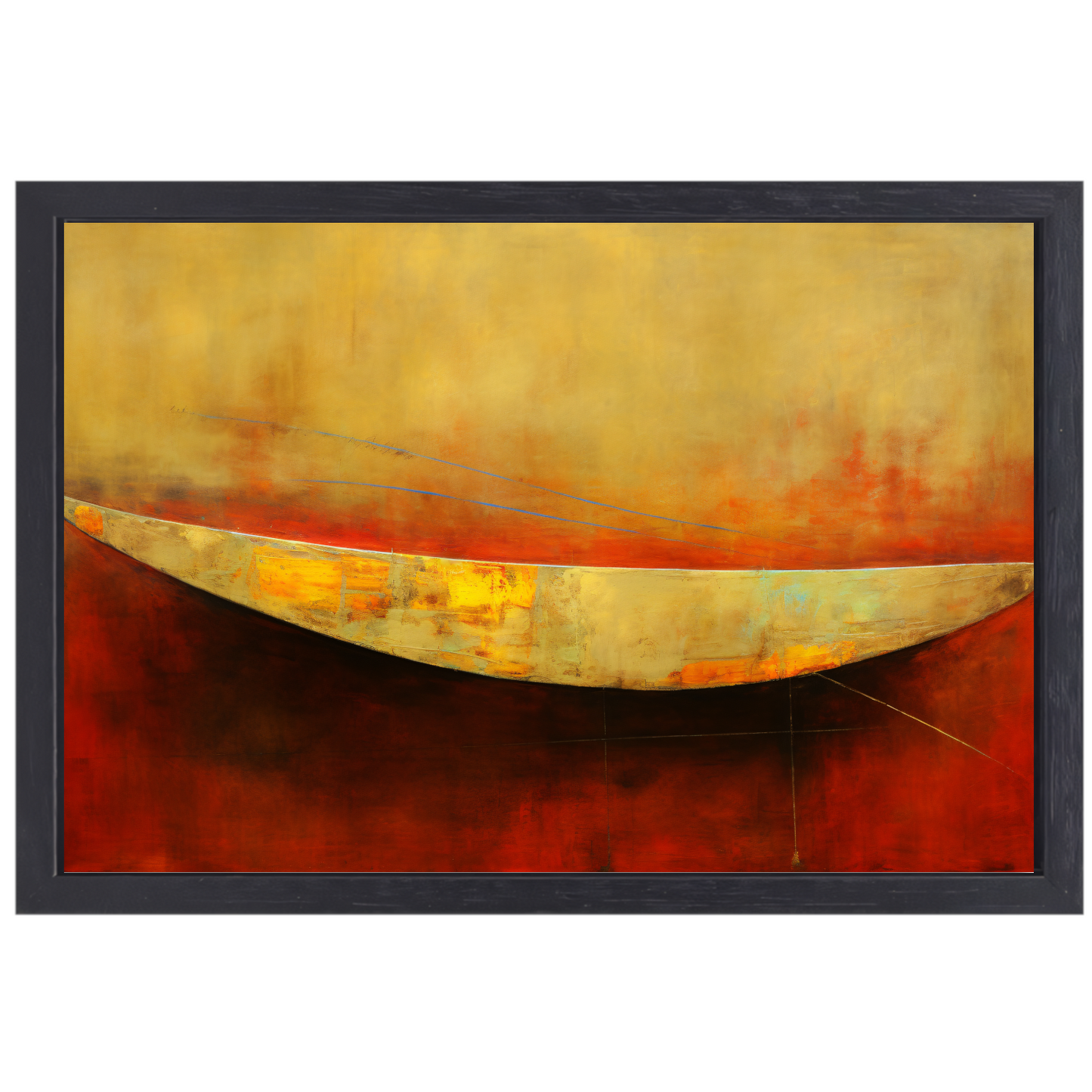 Abstracte compositie van kleurrijke boot op rood canvas met baklijst