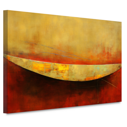 Abstracte compositie van kleurrijke boot op rood canvas