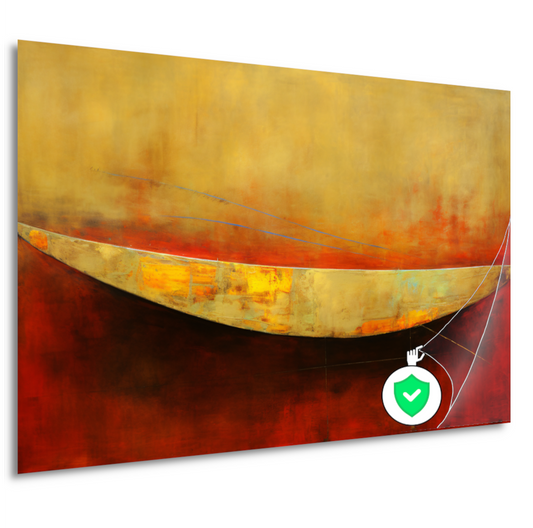Abstracte compositie van kleurrijke boot op rood poster