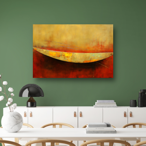 Abstracte compositie van kleurrijke boot op rood canvas