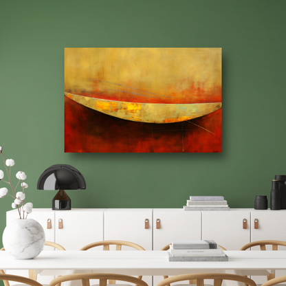 Abstracte compositie van kleurrijke boot op rood canvas