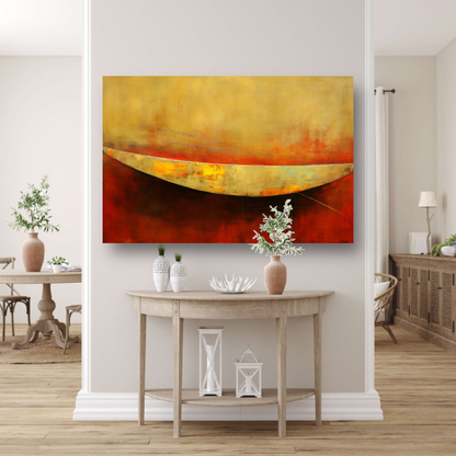 Abstracte compositie van kleurrijke boot op rood canvas met baklijst