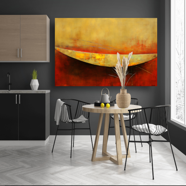 Abstracte compositie van kleurrijke boot op rood canvas