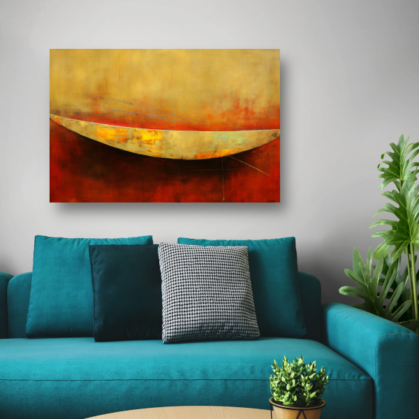 Abstracte compositie van kleurrijke boot op rood canvas