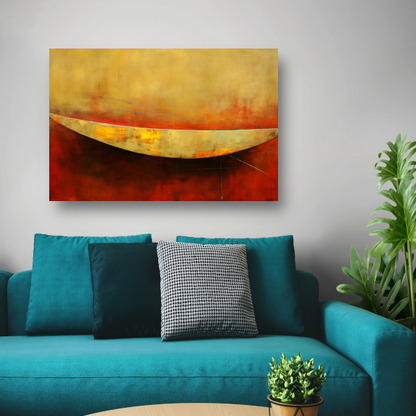 Abstracte compositie van kleurrijke boot op rood canvas