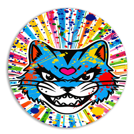Kleurrijke kat met abstracte spatten achtergrond aluminium muurcirkel