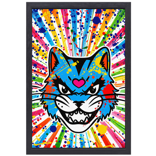 Kleurrijke kat met abstracte spatten achtergrond canvas met baklijst