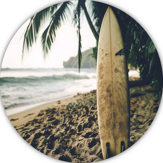 Tropisch strand met wachtend surfboard forex muurcirkel