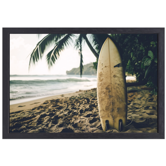 Tropisch strand met wachtend surfboard canvas met baklijst