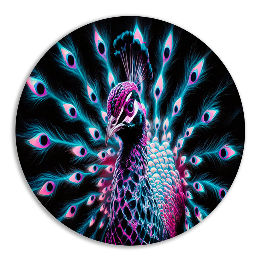 Digitale kunst van een kleurrijke pauw in neon forex muurcirkel