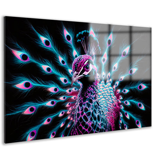 Digitale kunst van een kleurrijke pauw in neon acrylglas