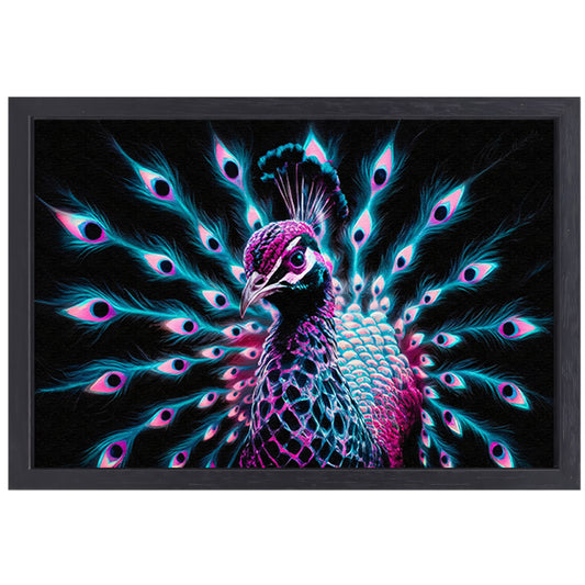 Digitale kunst van een kleurrijke pauw in neon canvas met baklijst