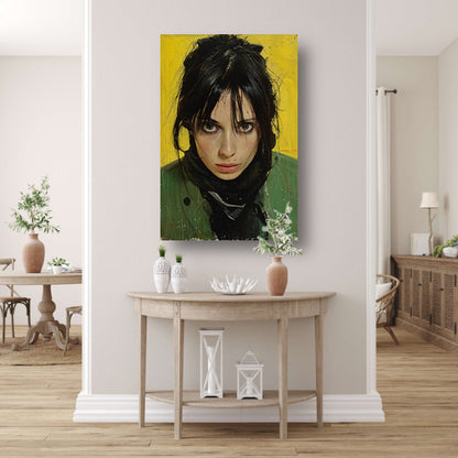 Realistisch portret van een vrouw met gele achtergrond canvas