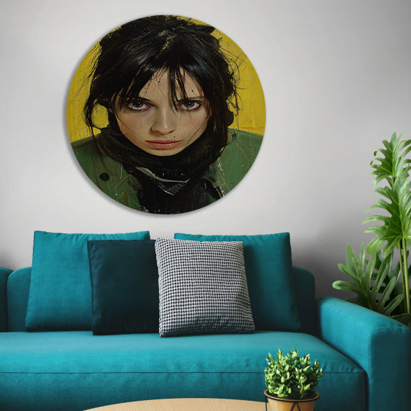 Realistisch portret van een vrouw met gele achtergrond forex muurcirkel