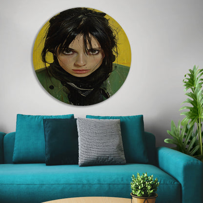 Realistisch portret van een vrouw met gele achtergrond forex muurcirkel