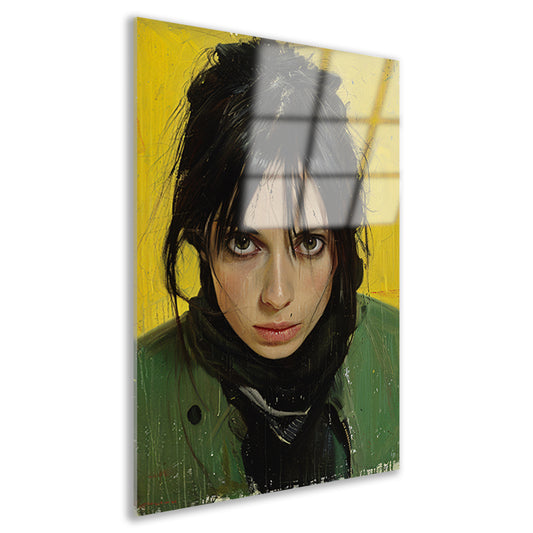 Realistisch portret van een vrouw met gele achtergrond acrylglas