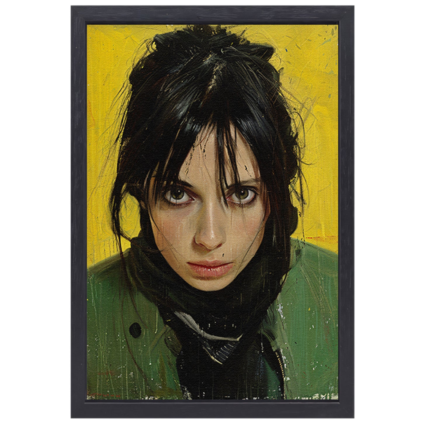 Realistisch portret van een vrouw met gele achtergrond canvas met baklijst