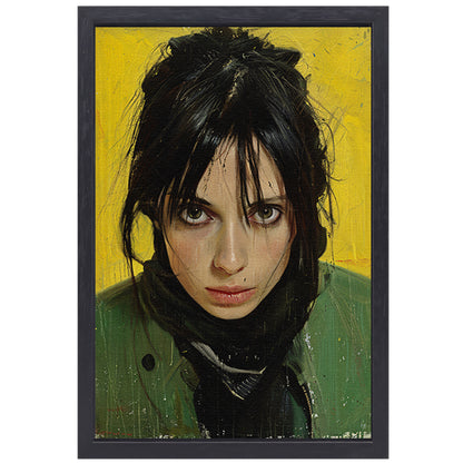 Realistisch portret van een vrouw met gele achtergrond canvas met baklijst