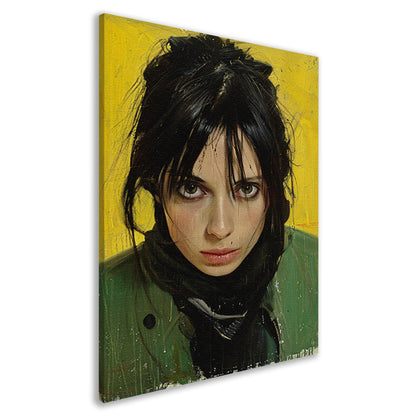 Realistisch portret van een vrouw met gele achtergrond canvas