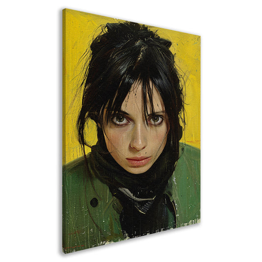 Realistisch portret van een vrouw met gele achtergrond canvas