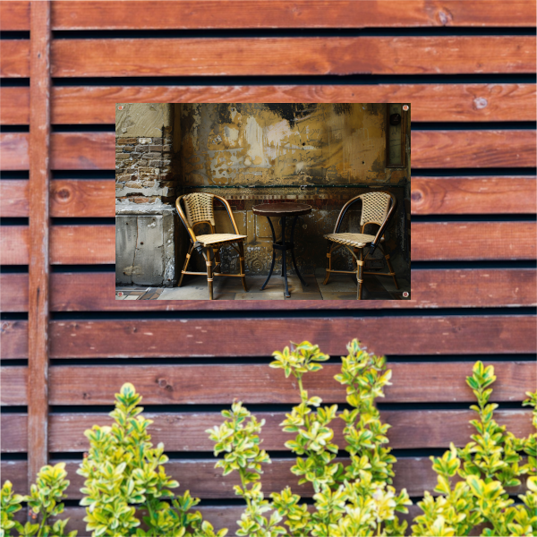 Versleten muur met klassieke bistrostoelen tuinposter