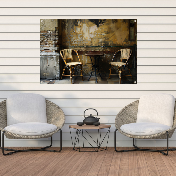 Versleten muur met klassieke bistrostoelen tuinposter