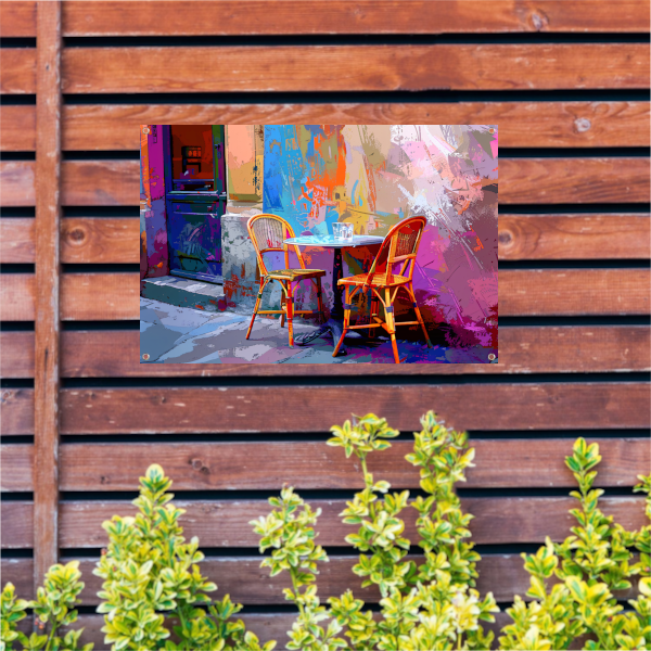 Minimalistisch interieur met twee stoelen en tafel tuinposter