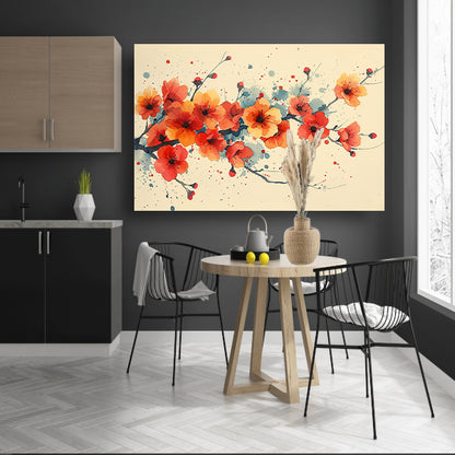 Aquarelbloemen in rood en oranje canvas met baklijst