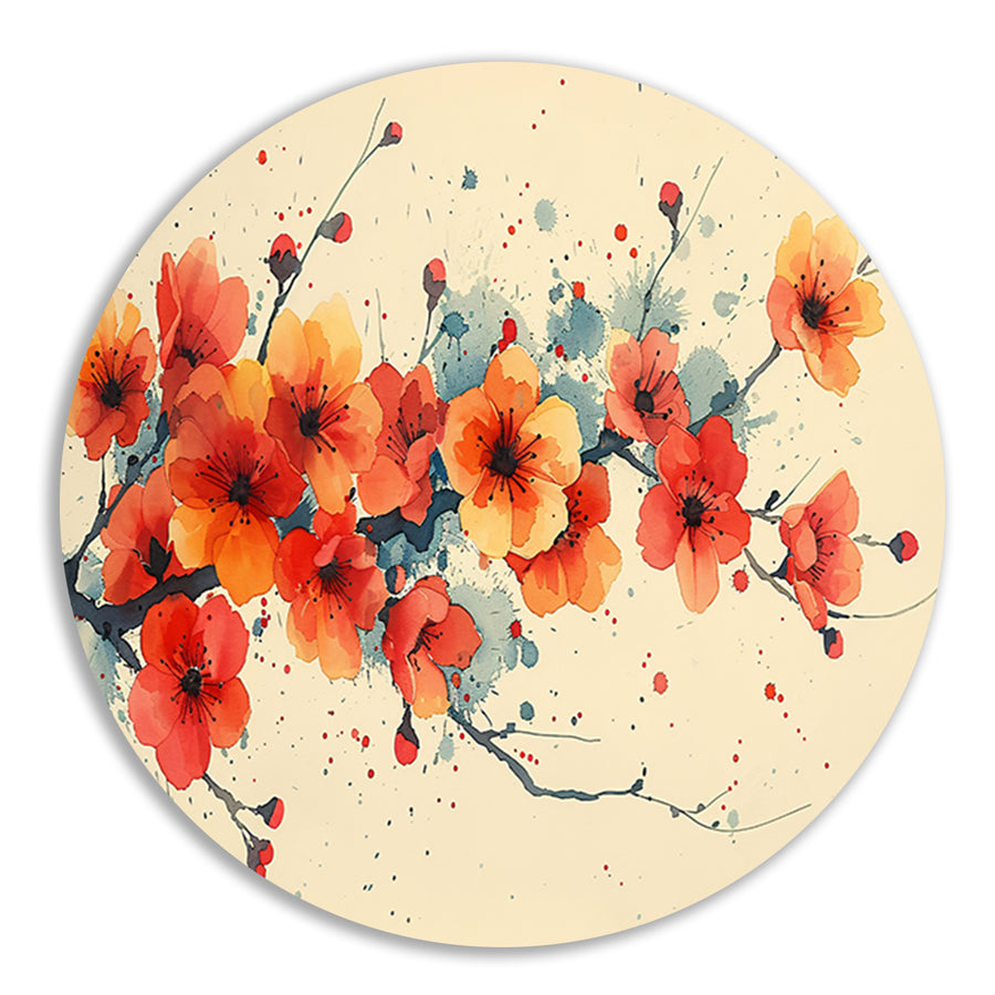 Aquarelbloemen in rood en oranje aluminium muurcirkel