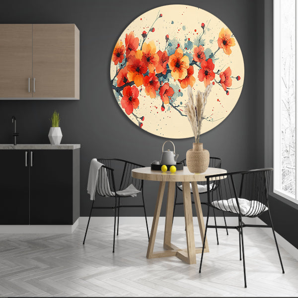 Aquarelbloemen in rood en oranje forex muurcirkel