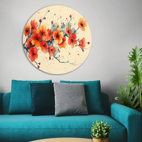 Aquarelbloemen in rood en oranje aluminium muurcirkel