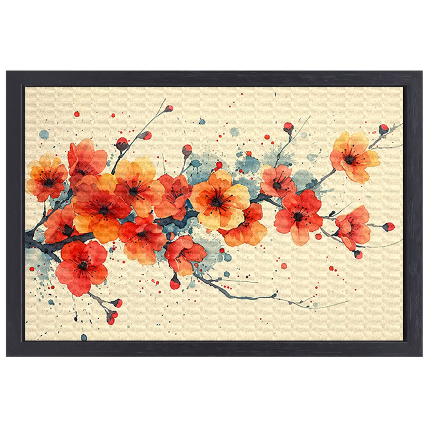 Aquarelbloemen in rood en oranje canvas met baklijst