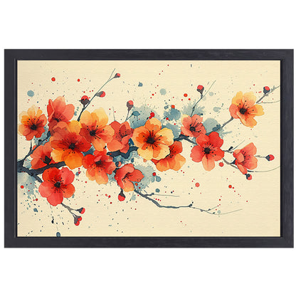 Aquarelbloemen in rood en oranje canvas met baklijst
