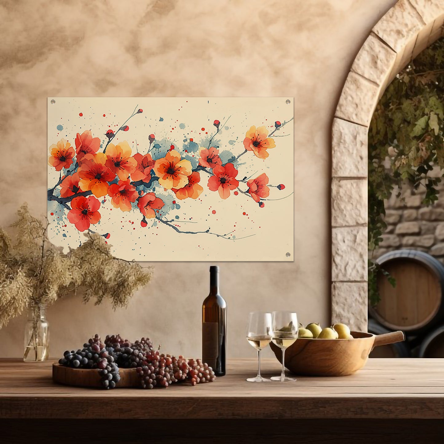 Aquarelbloemen in rood en oranje tuinposter