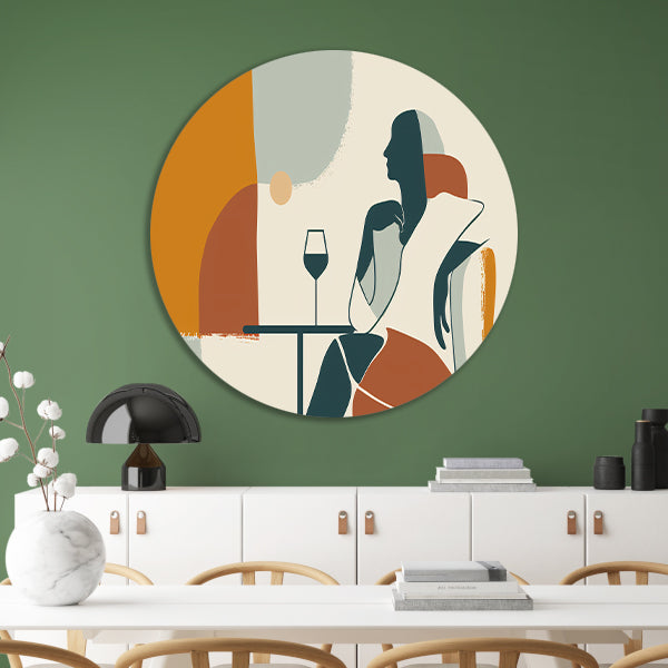 Zittende silhouet met wijnglas in minimalisme aluminium muurcirkel